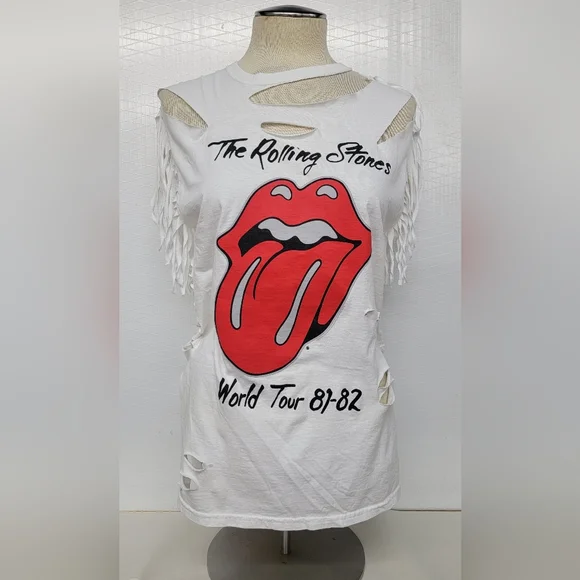 Rolling Stones fringe Shred Tee Upcycled Retro Band Merch - Picture 4 of 9